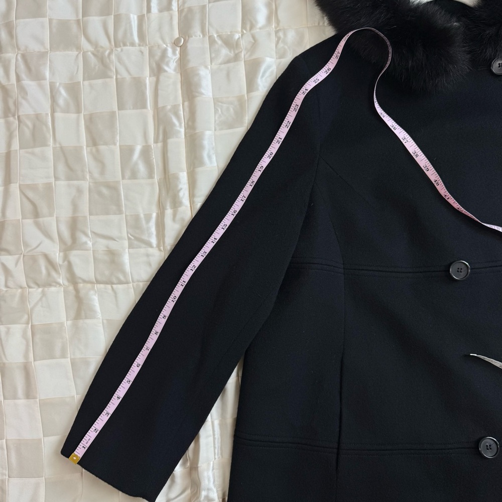 Loro Piana Fleurette Black Wool Double Breasted Coat Genuine Fox Fur Trim Sz 22 - Picture 13 of 17